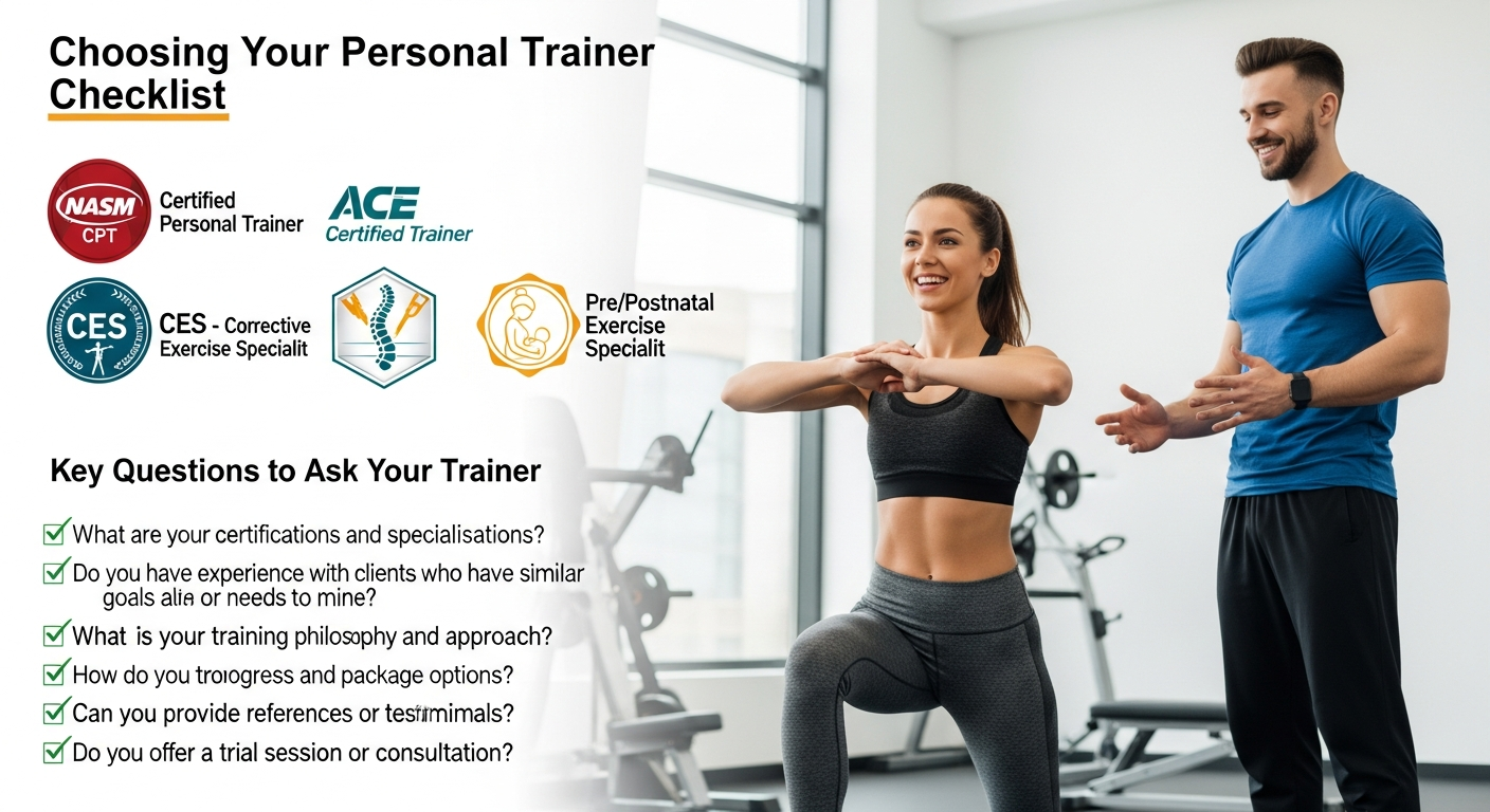 퍼스널트레이너 선택 가이드 체크리스트와 체험 수업 장면을 담은 인포그래픽