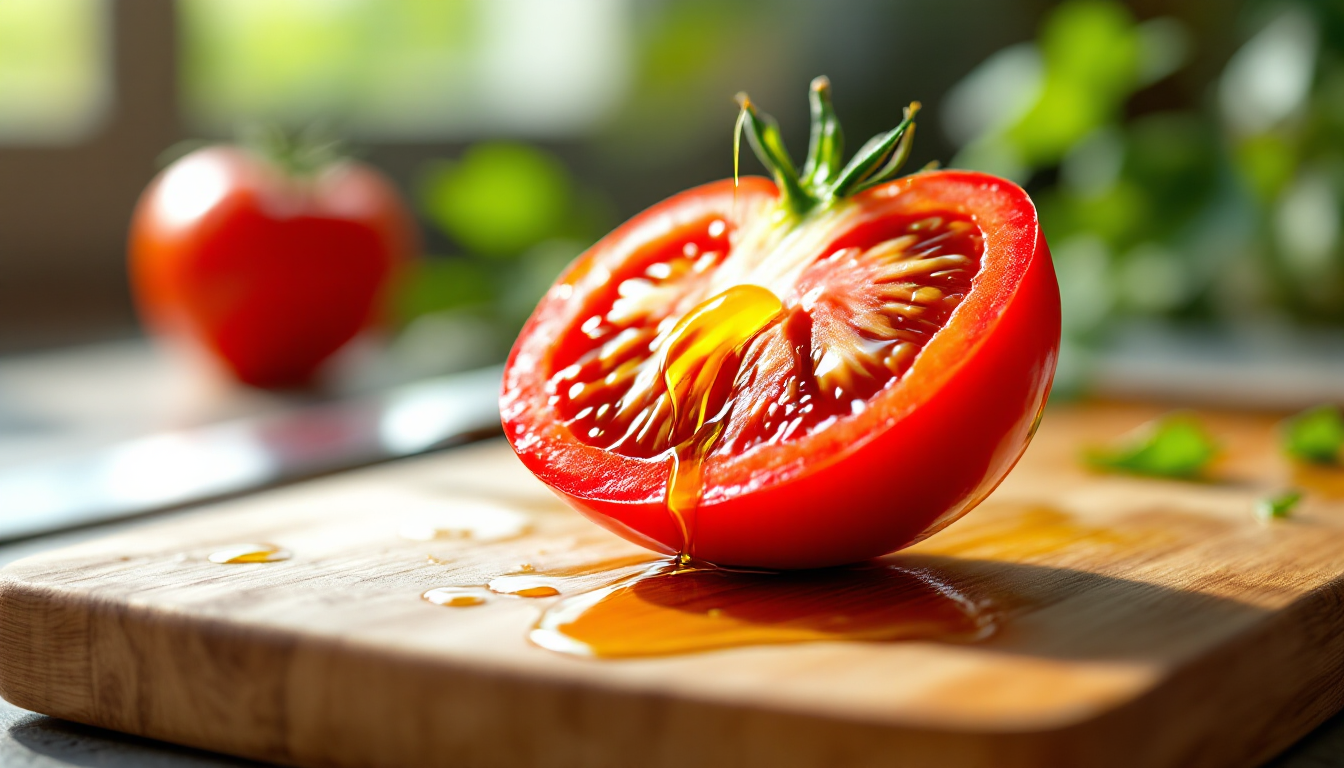 신선한 빨간 토마토와 올리브오일이 있는 근접 실사 이미지