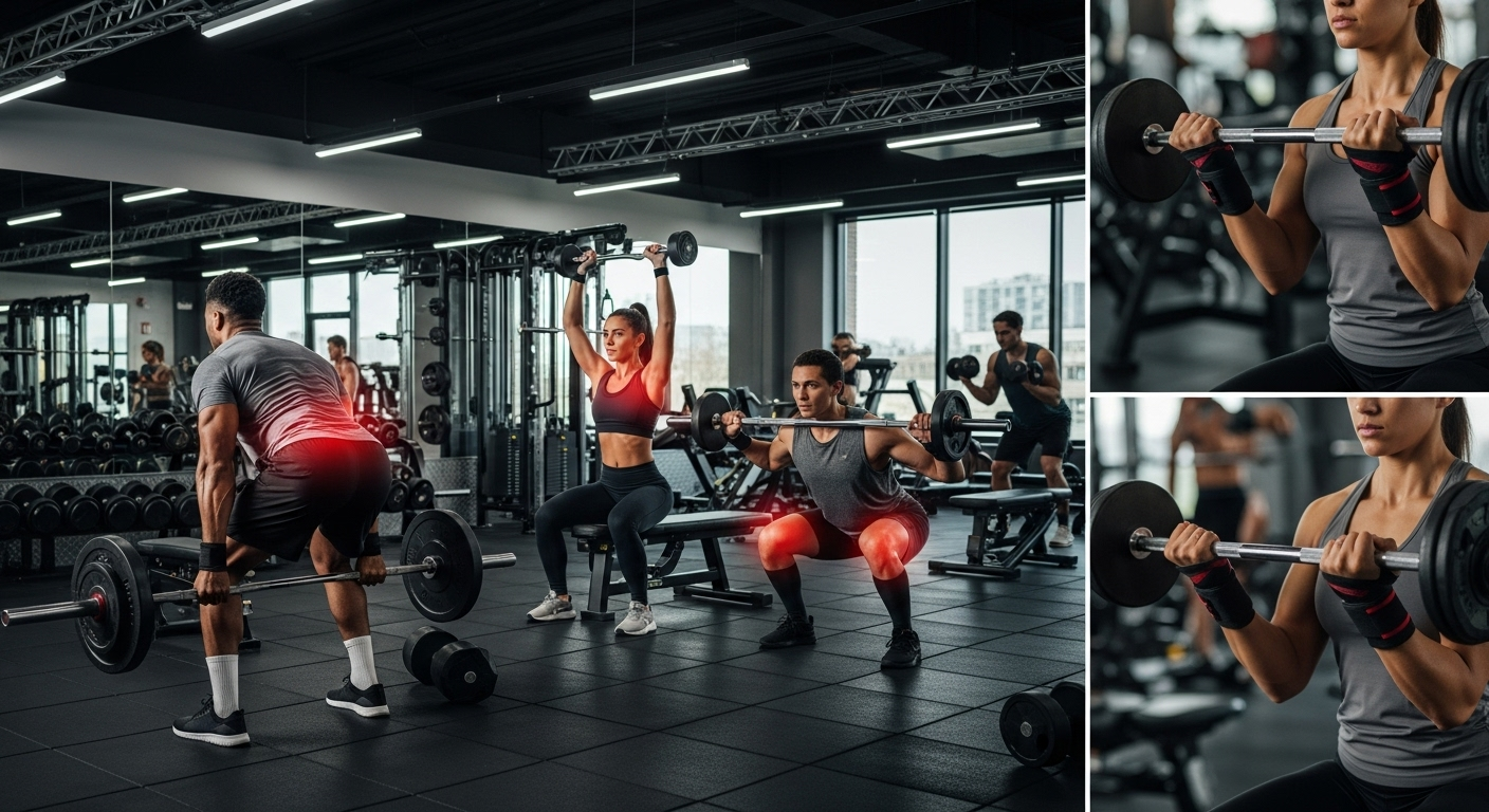 웨이트트레이닝 중 흔히 부상을 입는 어깨, 허리, 무릎, 손목 부위를 강조한 헬스장 실사 이미지