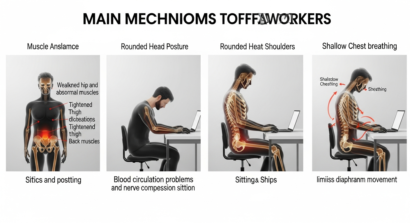 사무직 근골격계 통증의 4대 원인 메커니즘을 시각적으로 보여주는 4분할 이미지