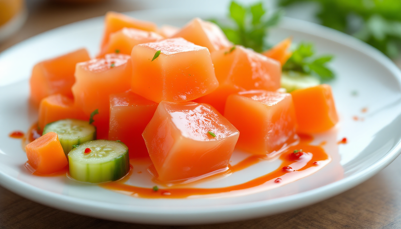 도토리묵과 신선한 채소, 양념을 곁들인 접시의 근접 실사 이미지