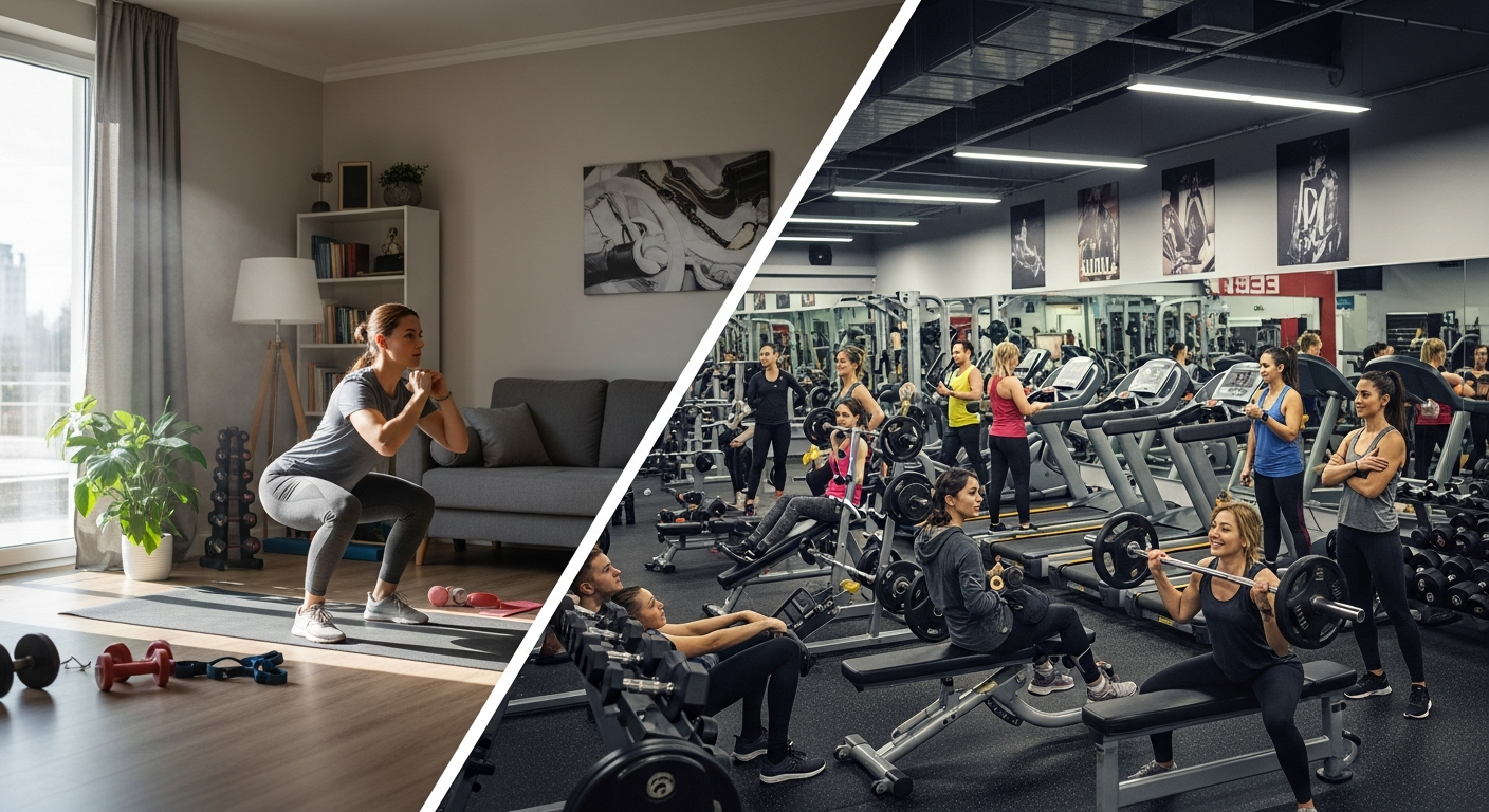프라이빗한 집 운동 환경과 활기찬 헬스장 운동 환경의 비교 이미지