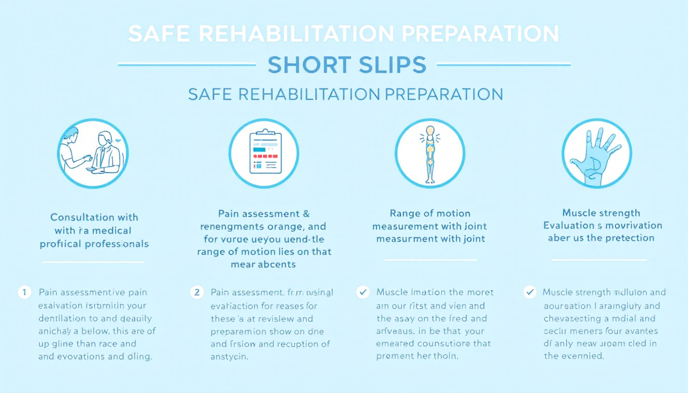 재활 운동 시작 전 안전 점검을 위한 의료 상담과 통증 평가, 관절 가동범위 확인, 근력 평가를 보여주는 체크리스트 그래픽