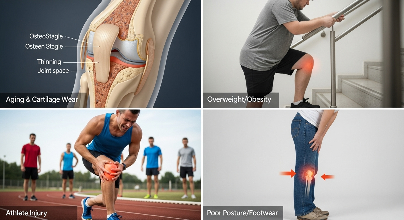 무릎 통증의 주요 원인을 보여주는 이미지 콜라주