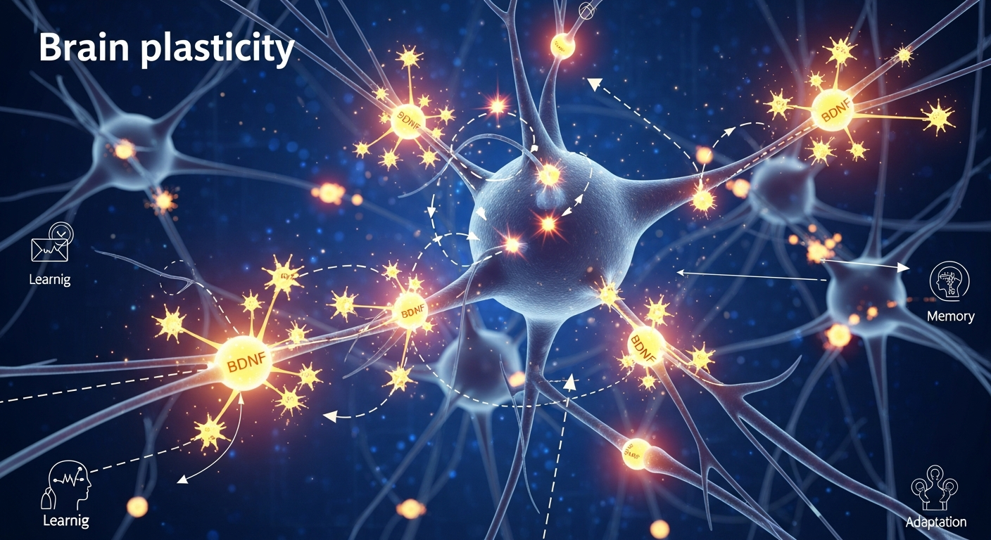 뇌 가소성과 BDNF가 신경 연결을 강화하는 과정을 보여주는 이미지
