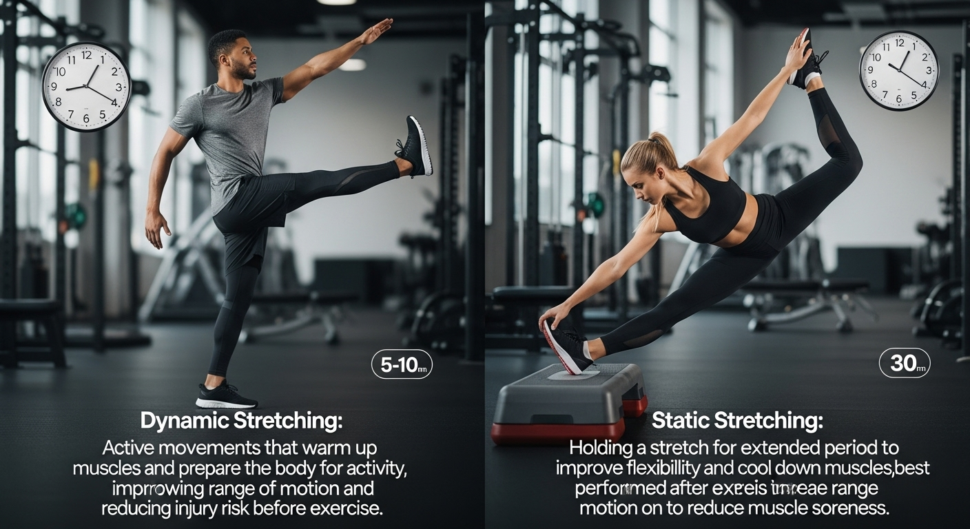 운동 전과 후 각각 동적 스트레칭과 정적 스트레칭을 하는 모습을 비교한 실사 이미지