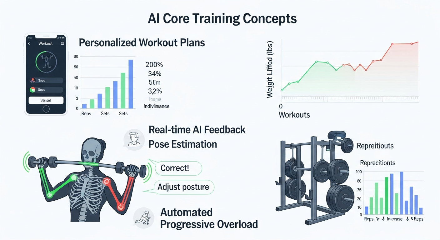 AI 맞춤 운동 계획, AI 기반 운동 피드백 시스템, 점진적 과부하 원리를 시각적으로 설명하는 인포그래픽
