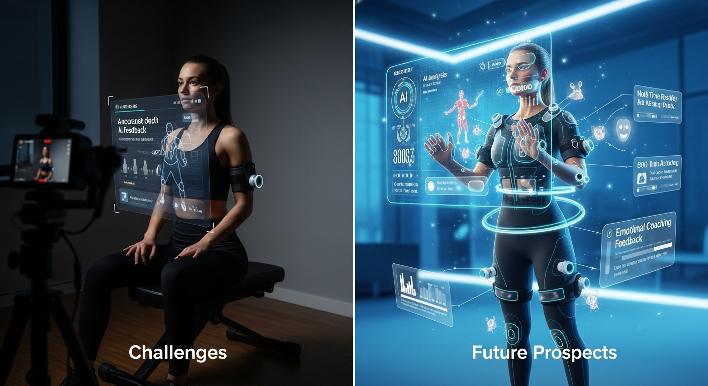 AI 피트니스 기술의 현재 한계와 미래 발전 가능성을 비교하는 이미지