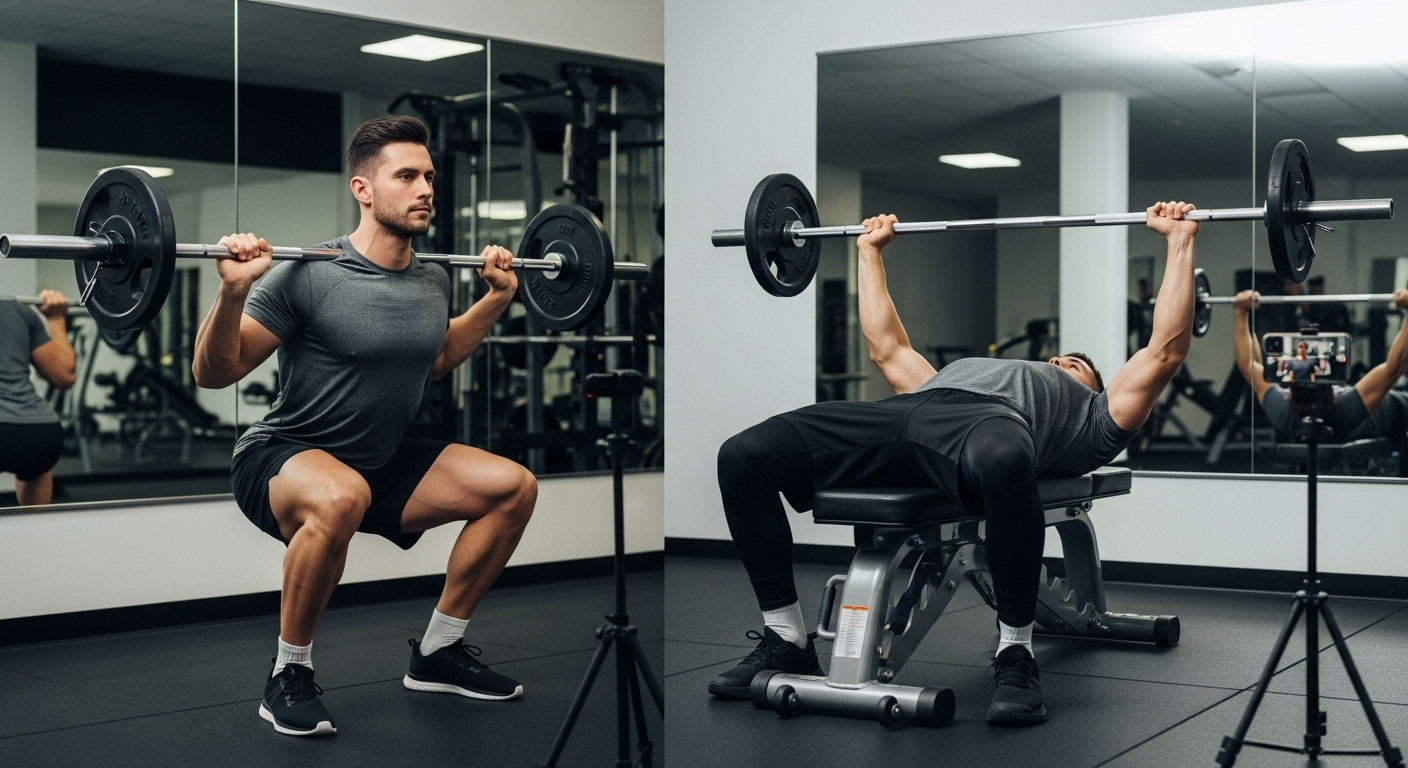 옆에서 자세 교정을 돕는 트레이너와 올바른 스쿼트 및 벤치프레스 자세를 실사로 보여주는 이미지