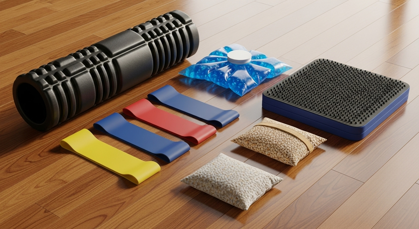 무릎 재활용 보조기구 폼롤러, 저항 밴드, 냉온찜질팩, 밸런스 패드