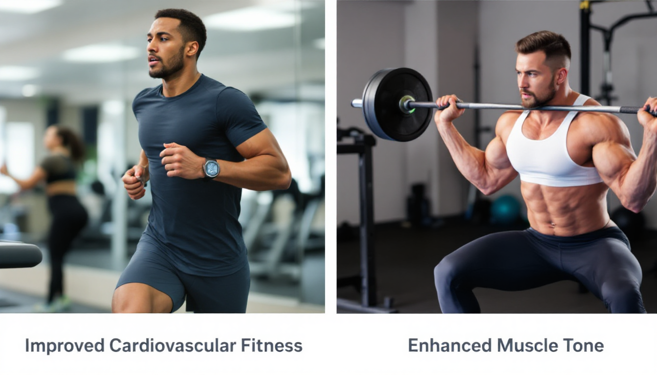 유산소 운동과 근력 운동의 효과를 시각적으로 비교하는 이미지