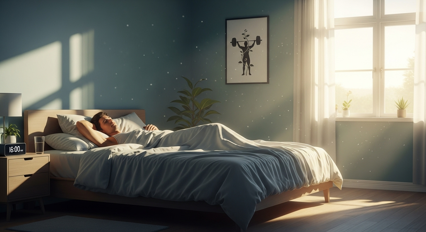 충분한 수면과 휴식이 근육 회복에 중요한 역할을 하는 모습을 보여주는 침실 풍경