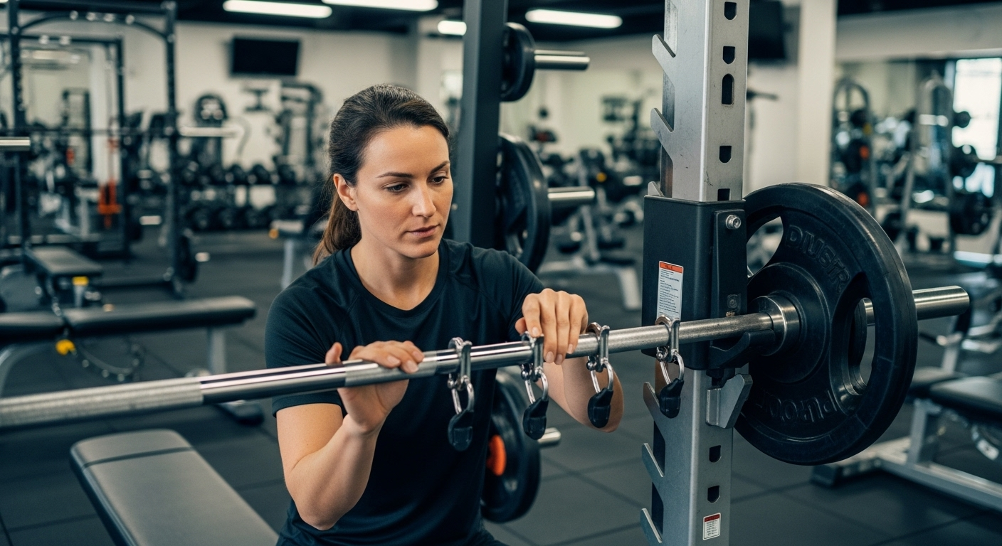 바벨에 무게 고정 클립을 확인하며 장비 안전 점검을 하는 모습