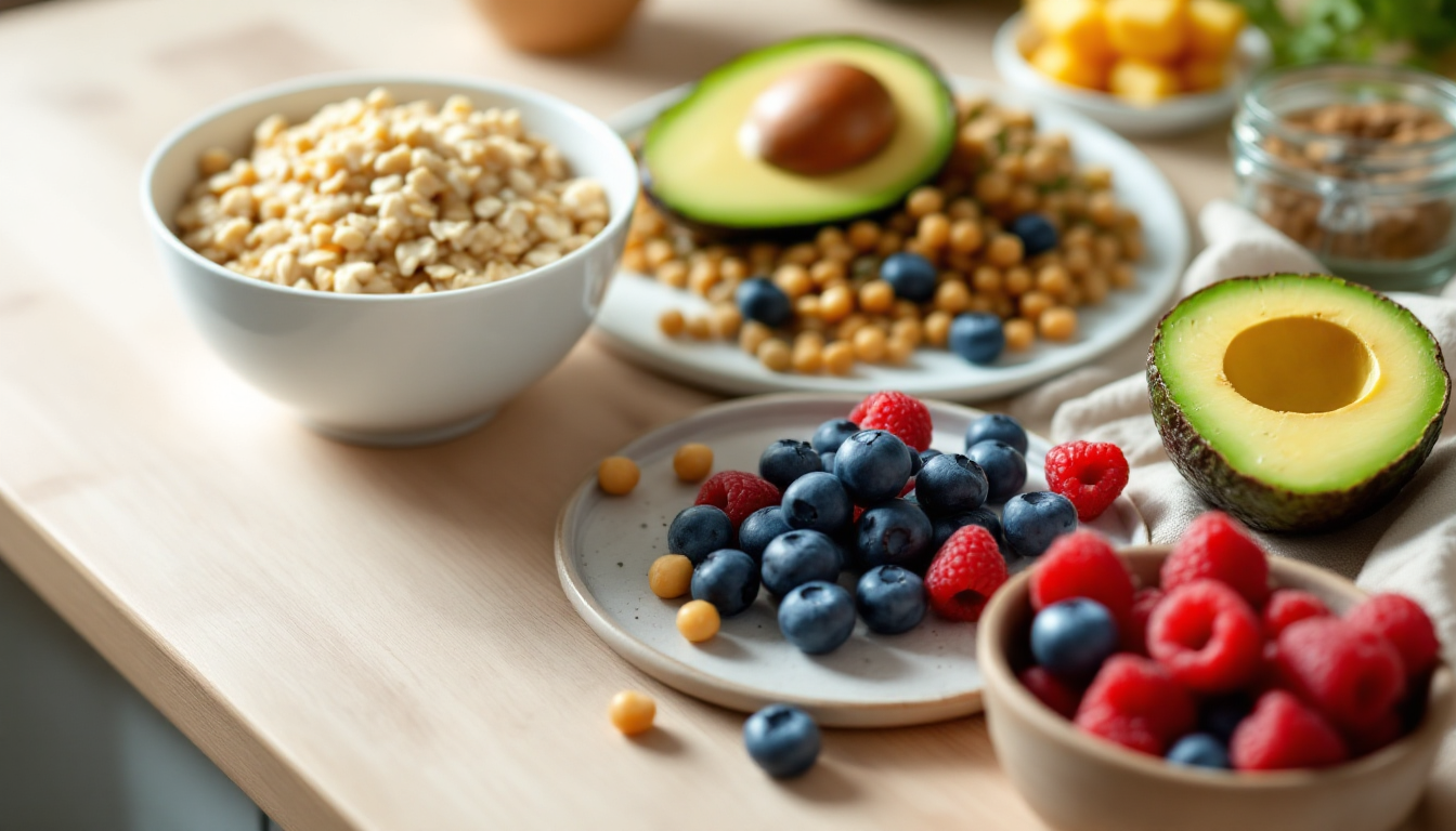 식이섬유가 풍부한 귀리, 렌틸콩, 병아리콩, 아보카도, 베리류