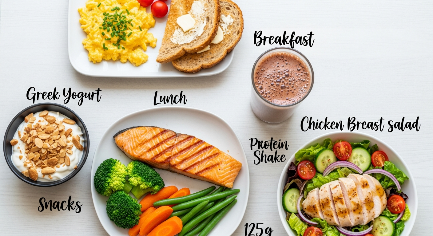 하루 단백질 125그램 섭취를 위한 식단 예시 배치