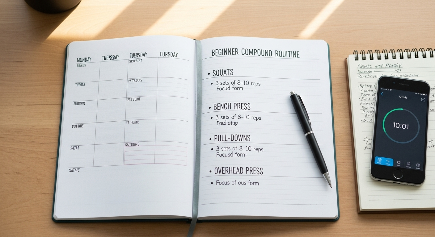 초보자를 위한 복합 관절 운동 루틴 계획표가 책상 위에 놓여 있는 모습