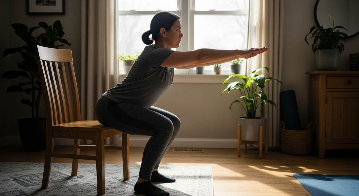집에서 의자 스쿼트를 처음 시작하며 꾸준함을 다짐하는 50대 중년 여성