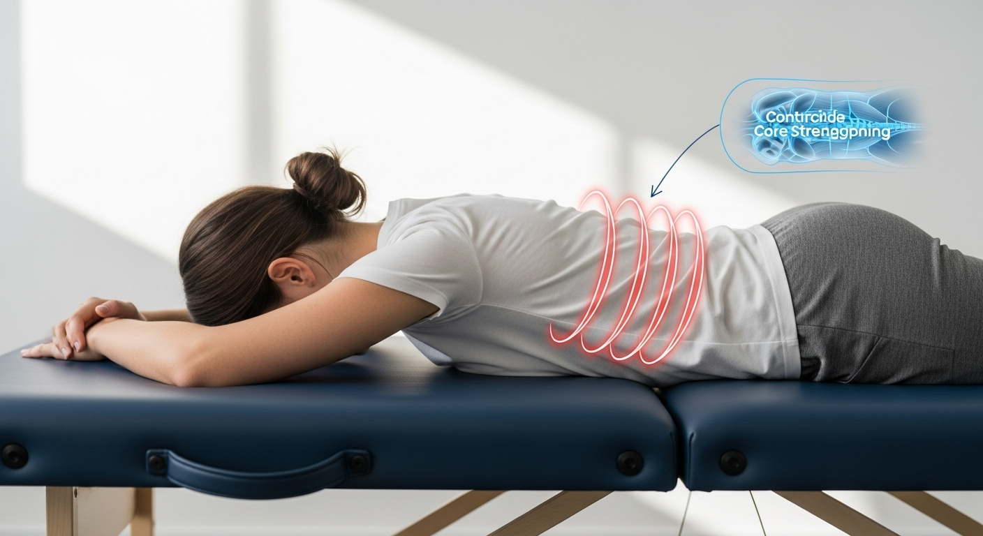 허리 통증 치료 운동의 원리와 효과를 시각화한 재활 운동 이미지