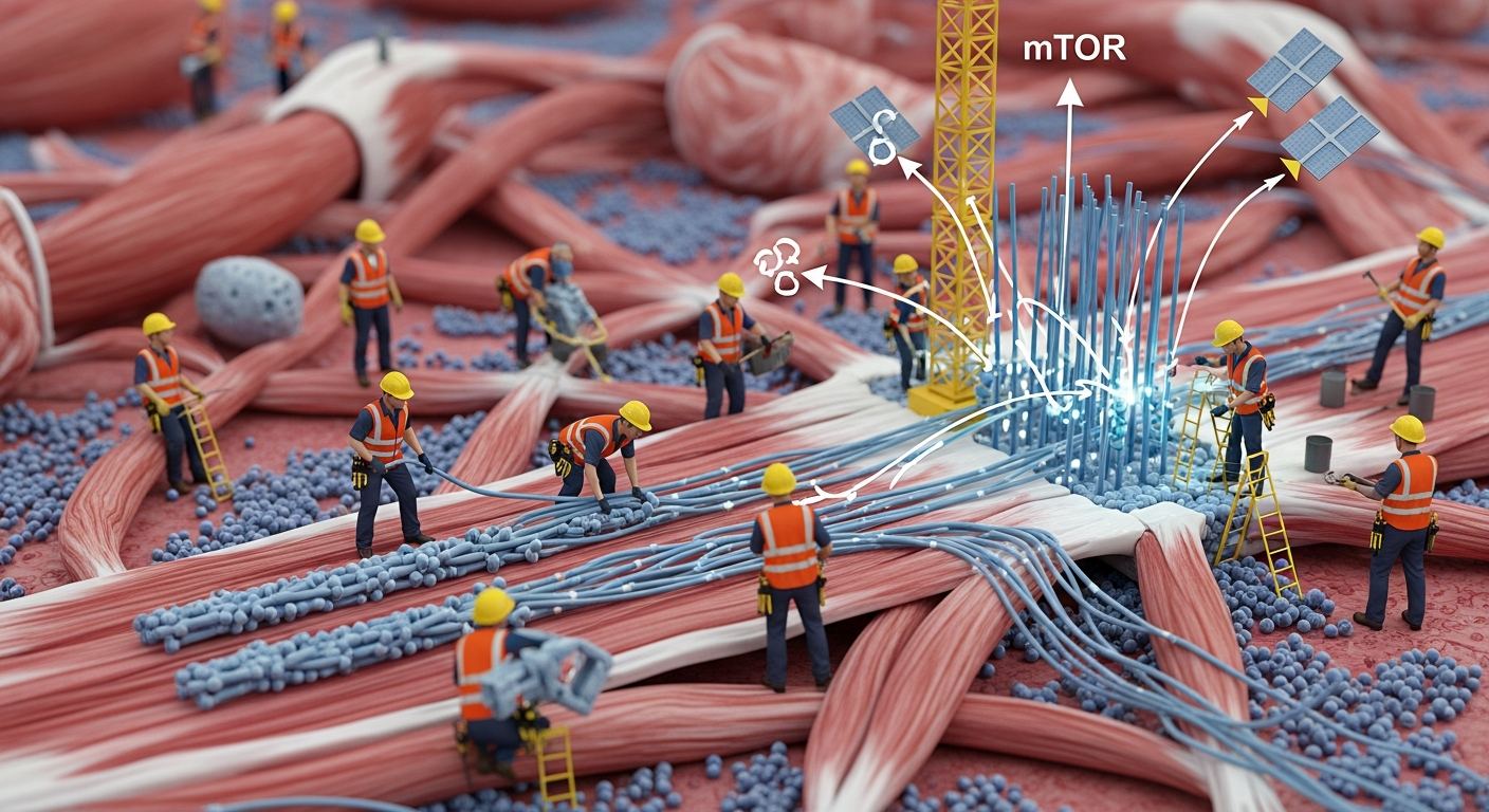 mTOR 신호와 위성 세포가 활성화되어 근육 섬유를 재건하는 근육 성장 메커니즘을 건설 현장 은유로 표현한 이미지