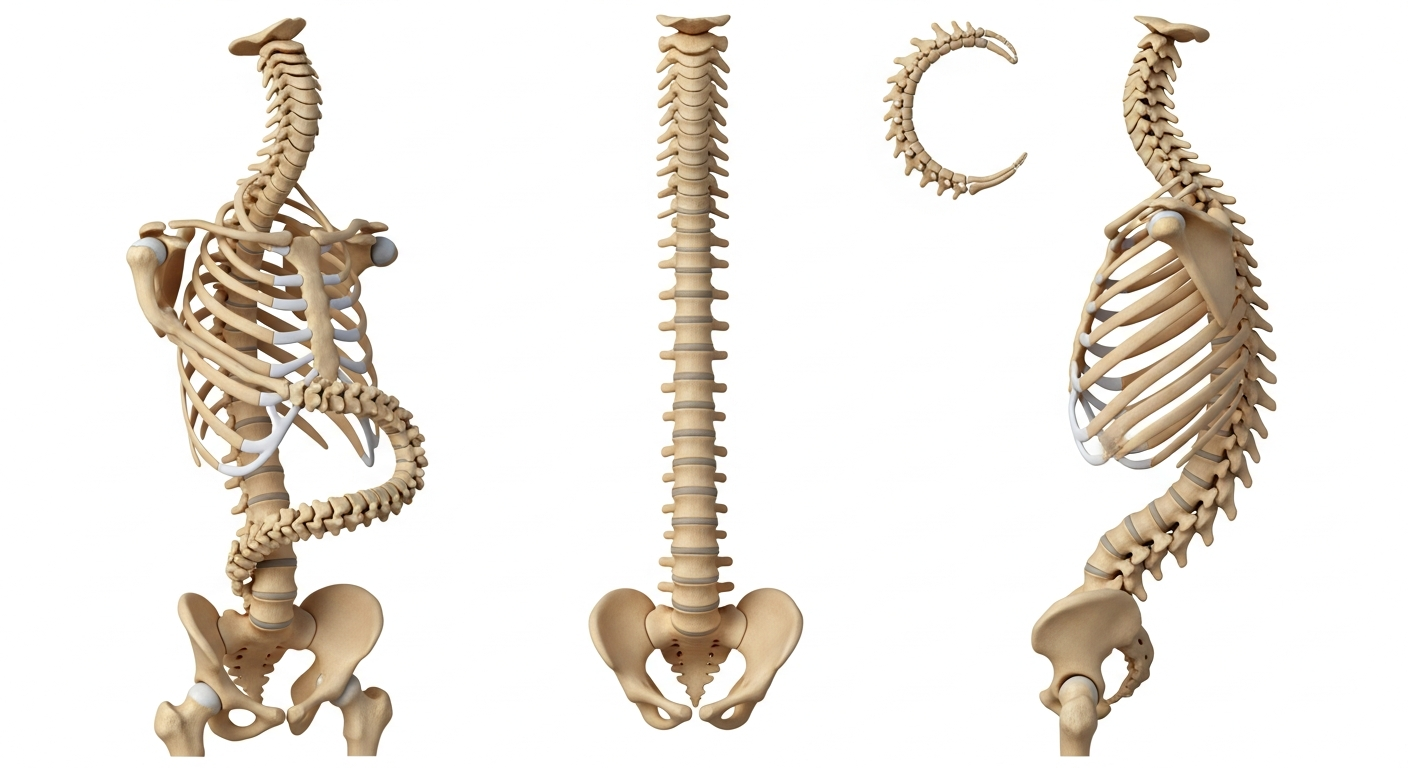 정상 척추와 3차원적으로 변형된 척추측만증의 척추 구조를 비교한 의료 일러스트