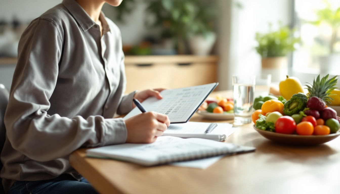 칼로리 적자 계획을 세우는 모습과 건강한 식품들