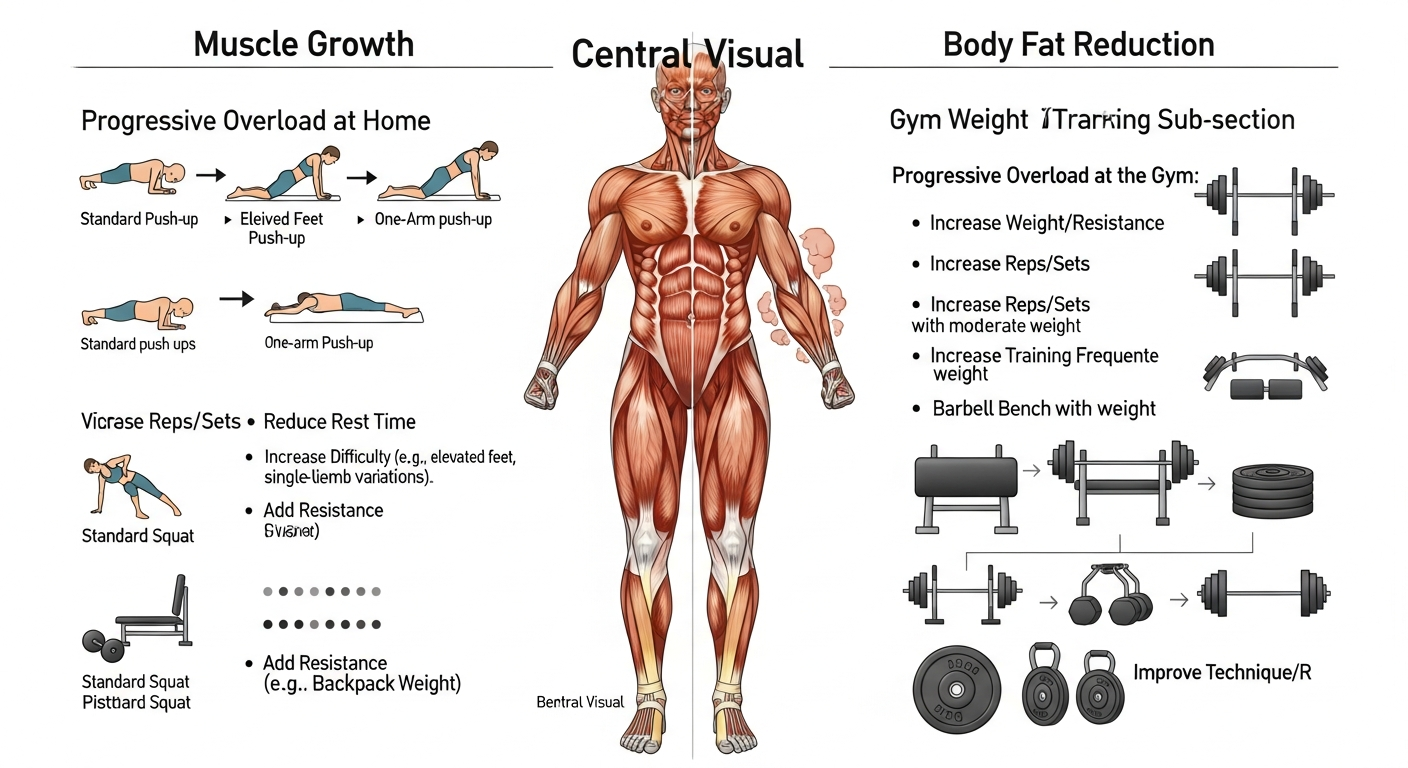 점진적 과부하 원리를 적용한 집 운동과 헬스장 운동의 근력 증가와 체지방 감소 효과를 보여주는 과학적 인포그래픽