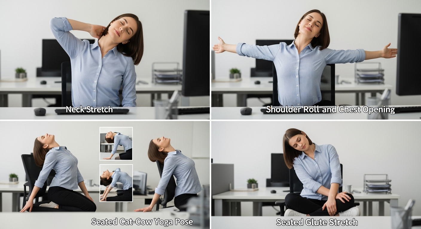 사무직 근무자가 책상에서 할 수 있는 목 스트레칭, 어깨 돌리기, 고양이-소 자세, 엉덩이 스트레칭을 하는 모습