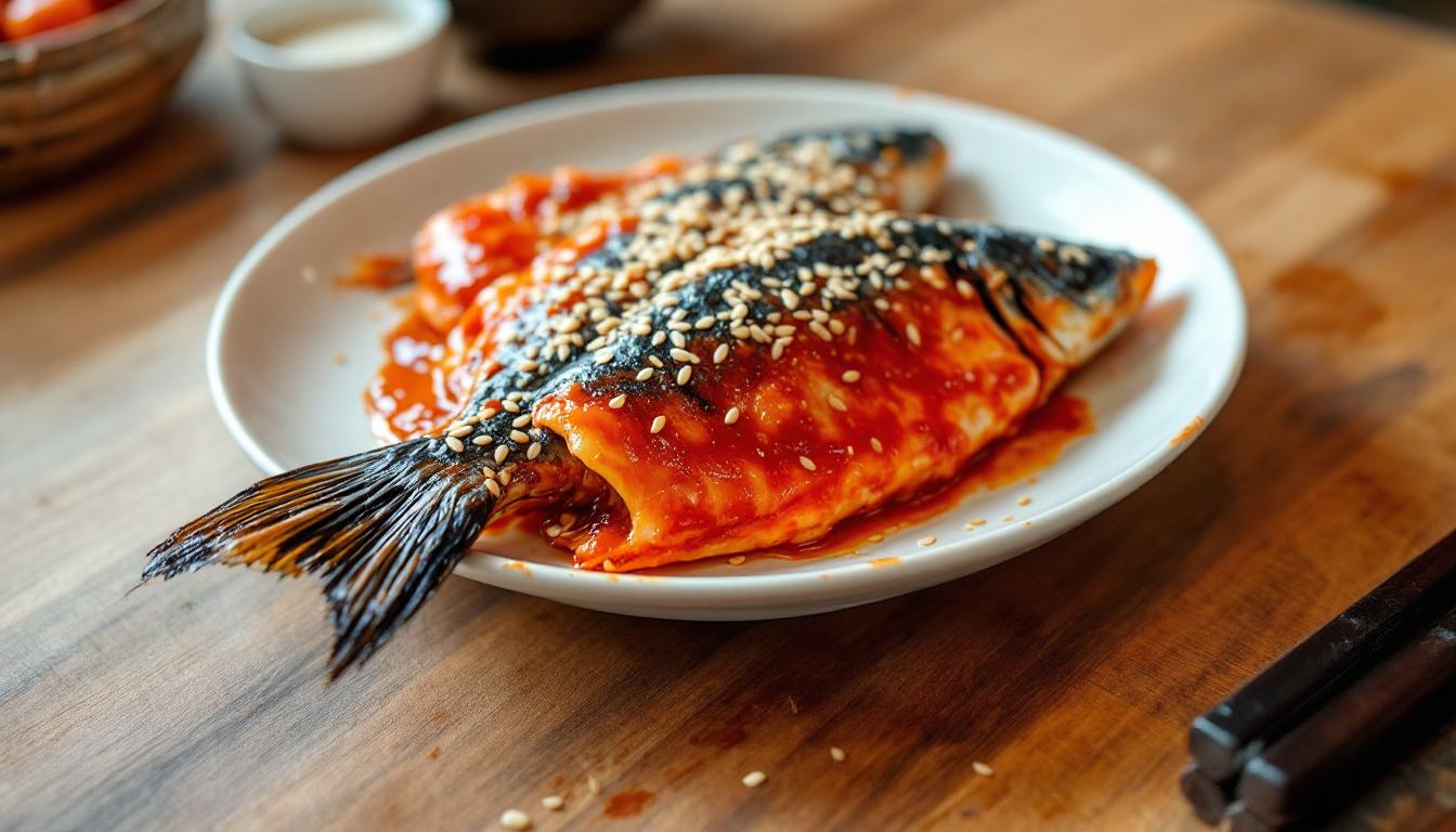 매콤한 양념과 깨가 뿌려진 대갱이무침 접시의 실사 이미지