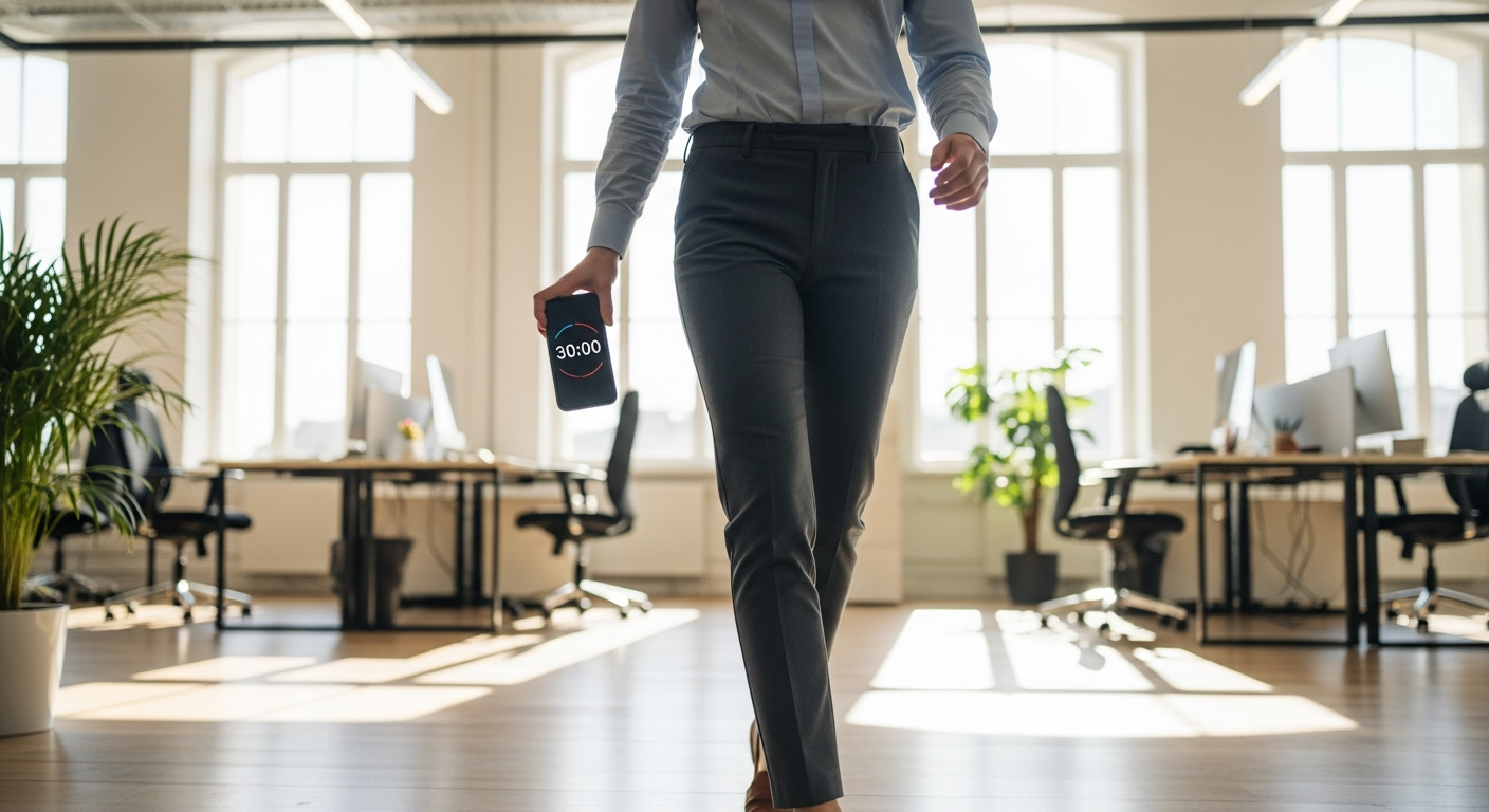 30분마다 일어나 걷기 운동을 하는 사무실 근로자의 모습