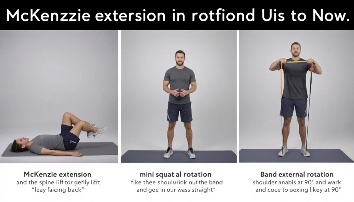 허리, 무릎, 어깨 재활을 위한 각각의 대표 운동들을 정확한 자세로 수행하는 고화질 사진들