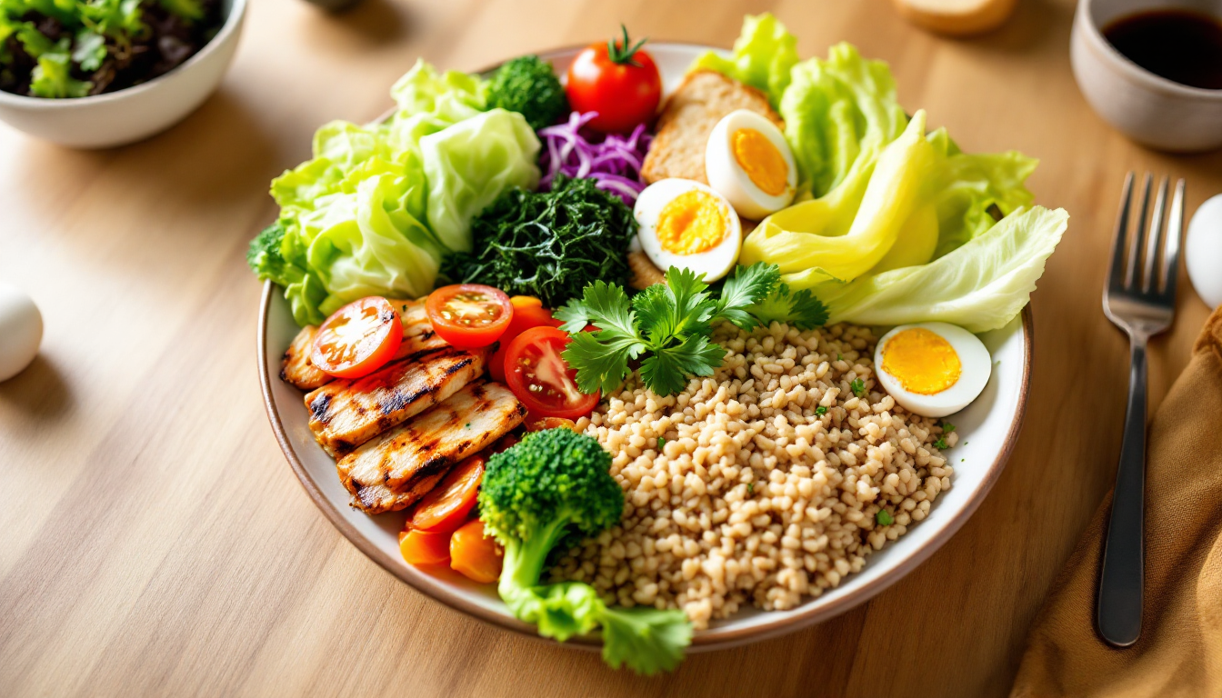 다양한 채소, 고단백 식품, 통곡물이 조화롭게 담긴 건강한 다이어트 접시