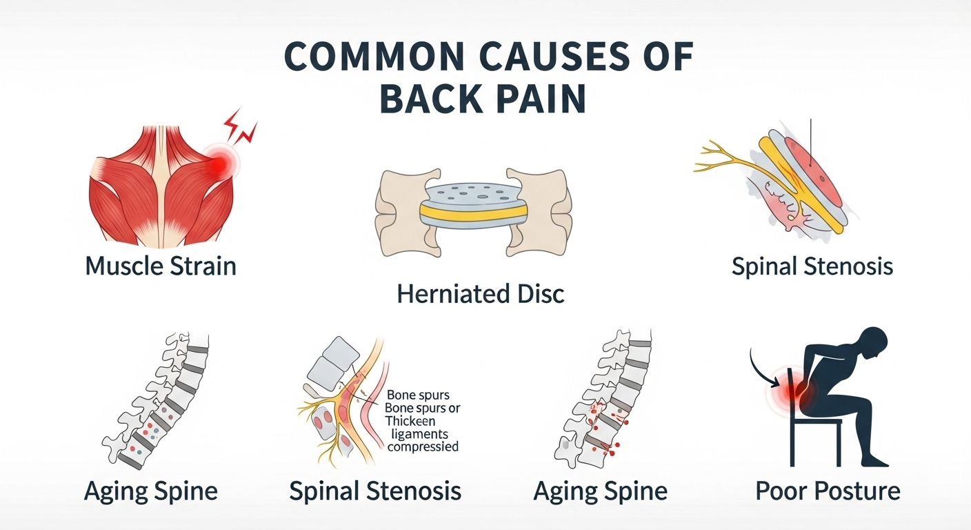 허리 통증의 대표적인 원인들을 설명하는 인포그래픽