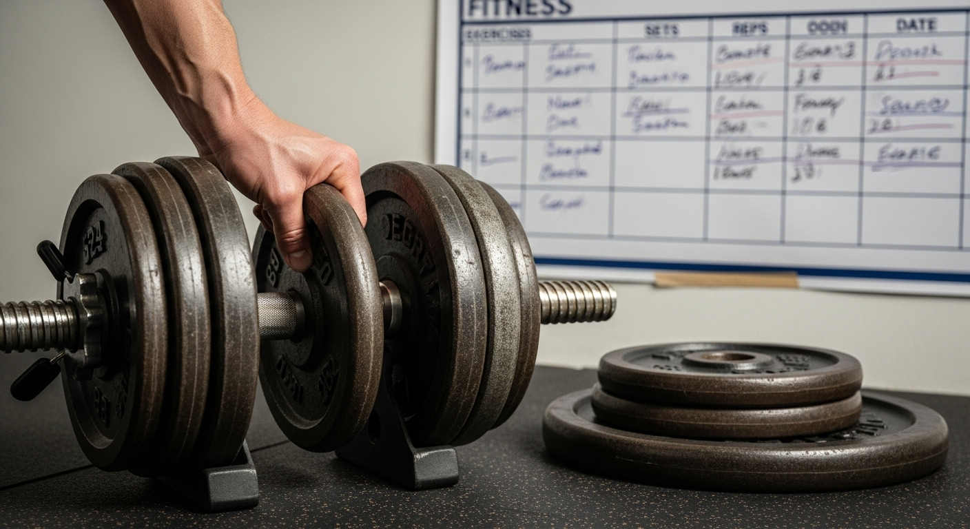 점진적 과부하 원칙을 나타내는 덤벨 무게를 조절하는 손과 배경의 운동 차트