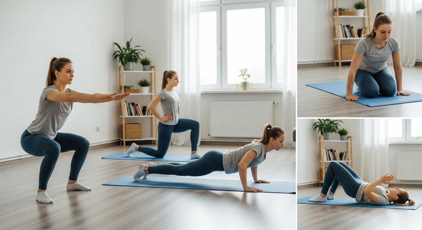 밝고 아늑한 방에서 스쿼트, 런지, 니 푸시업, 플랭크, 글루트 브릿지를 하는 여성 초보자의 맨몸 운동 모습