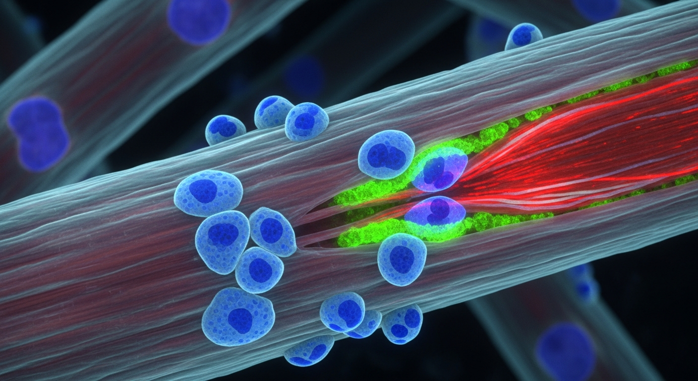 위성 세포가 활성화되어 근섬유와 융합하여 근육 회복과 성장에 도움을 주는 현미경 이미지