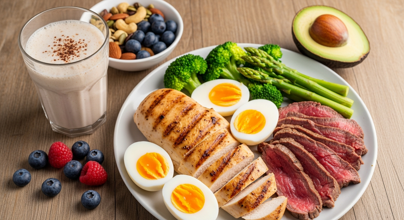단백질이 풍부한 닭가슴살, 계란, 소고기, 단백질 쉐이크가 있는 균형 잡힌 식사 사진