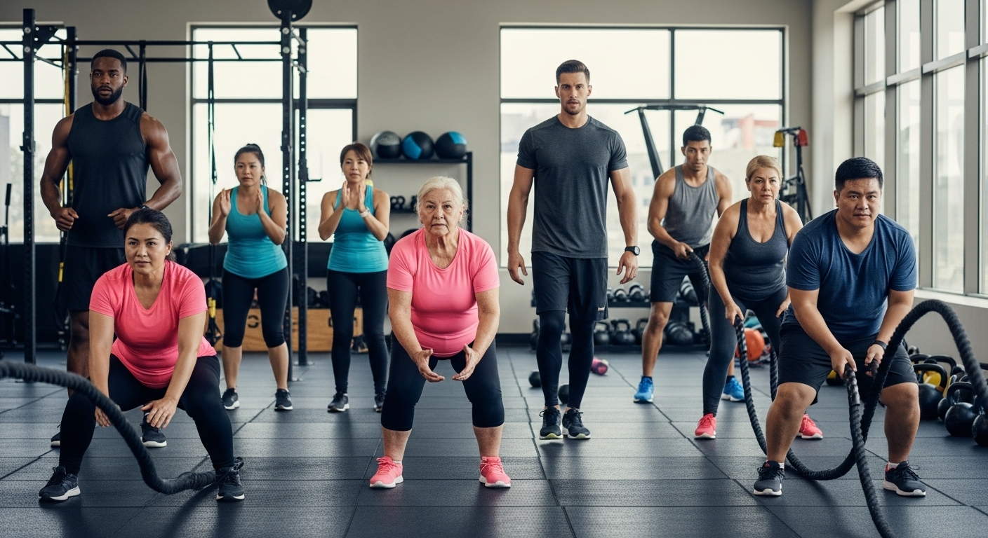 운동선수, 고령자, 일반인이 헬스장에서 인터벌 트레이닝을 하는 실제 적용 사례 모습