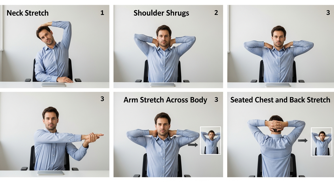 사무실에서 할 수 있는 목, 어깨, 가슴, 등 스트레칭 동작의 단계별 실사 이미지
