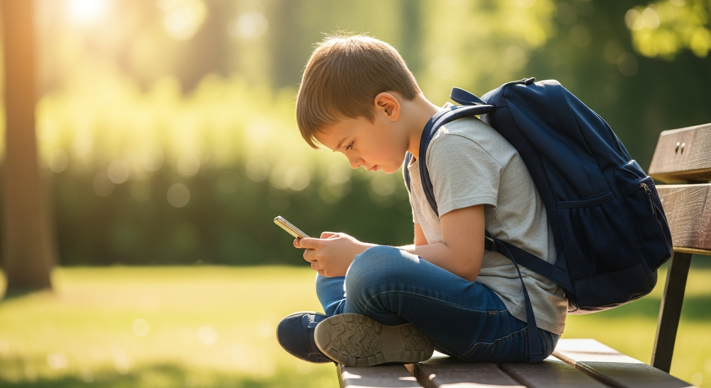 무거운 가방을 한쪽 어깨에 메고 스마트폰을 사용하는 잘못된 자세의 아이 사진