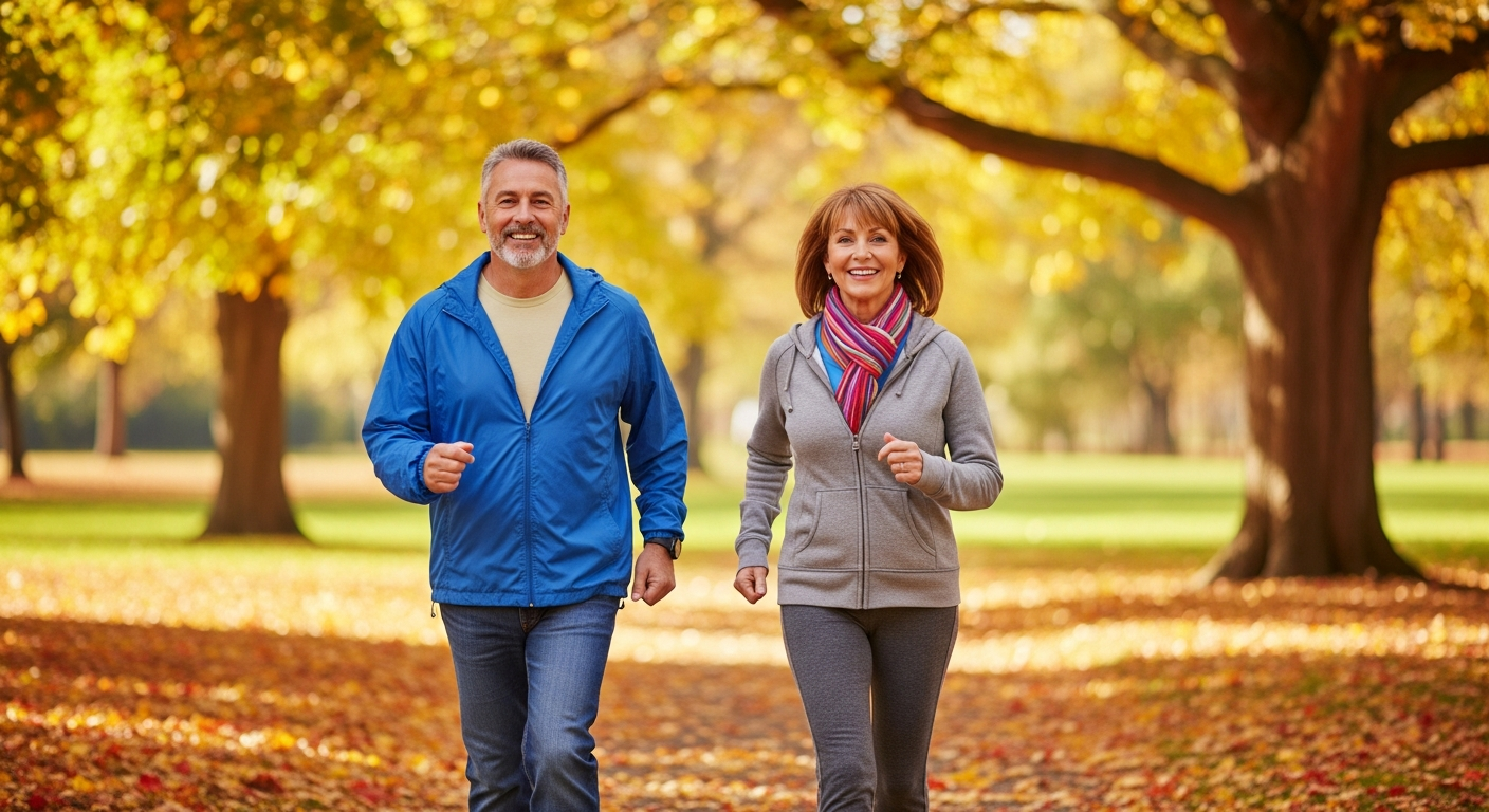 가을 공원에서 활기차게 걷는 중장년 남녀의 모습