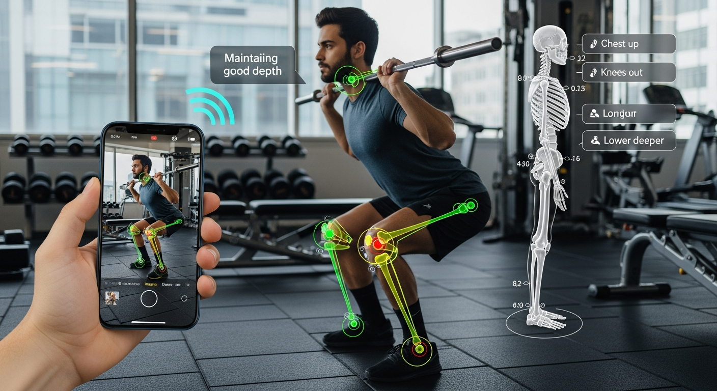스마트폰 카메라와 웨어러블 센서를 통해 스쿼트 자세를 실시간 분석하고 피드백하는 장면