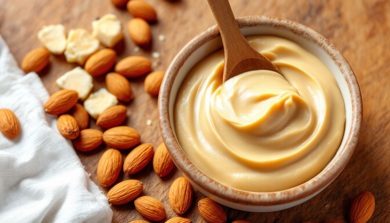 나무 테이블 위에 아몬드버터와 통아몬드가 놓여있는 실사 이미지