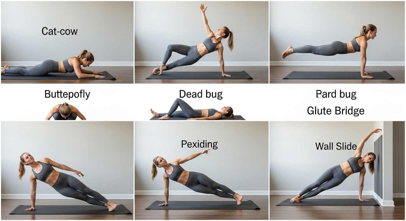 여성 체형교정 4단계 운동 프로그램 주요 동작들을 집에서 따라 하는 모습