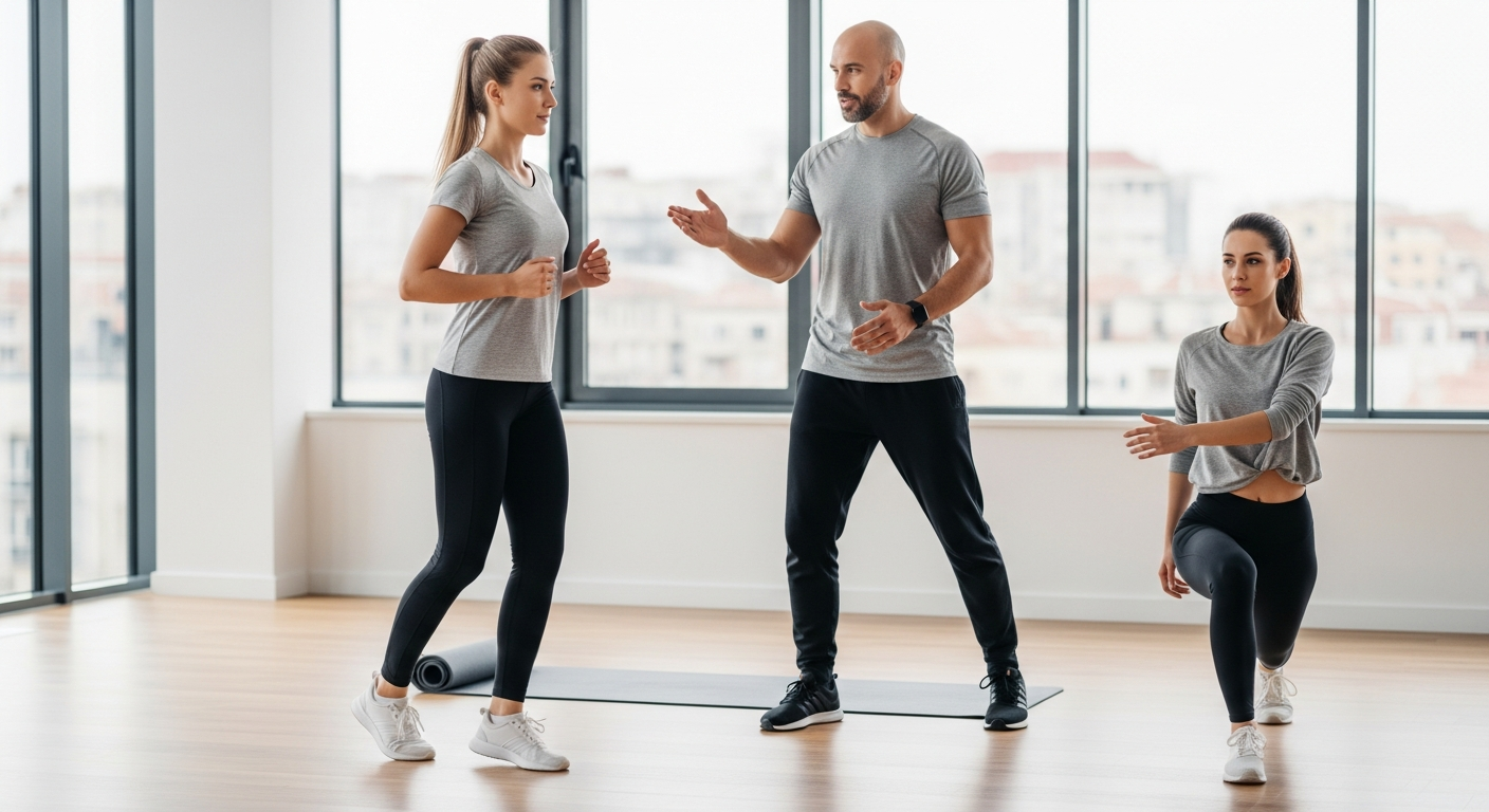 초보자가 인터벌 트레이닝 전 준비 운동을 하는 모습과 트레이너의 지도를 받는 장면