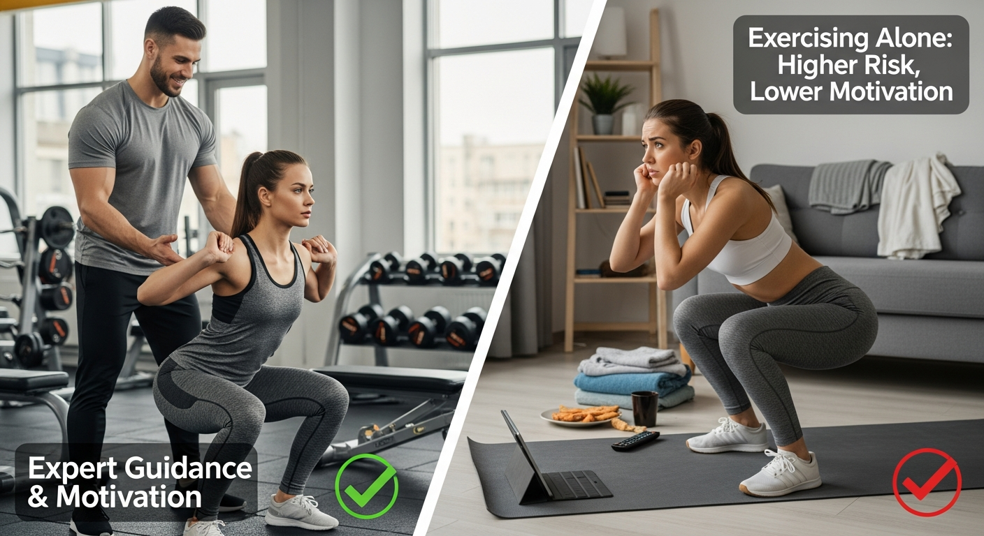 퍼스널트레이닝과 혼자 운동하는 모습을 비교한 이미지