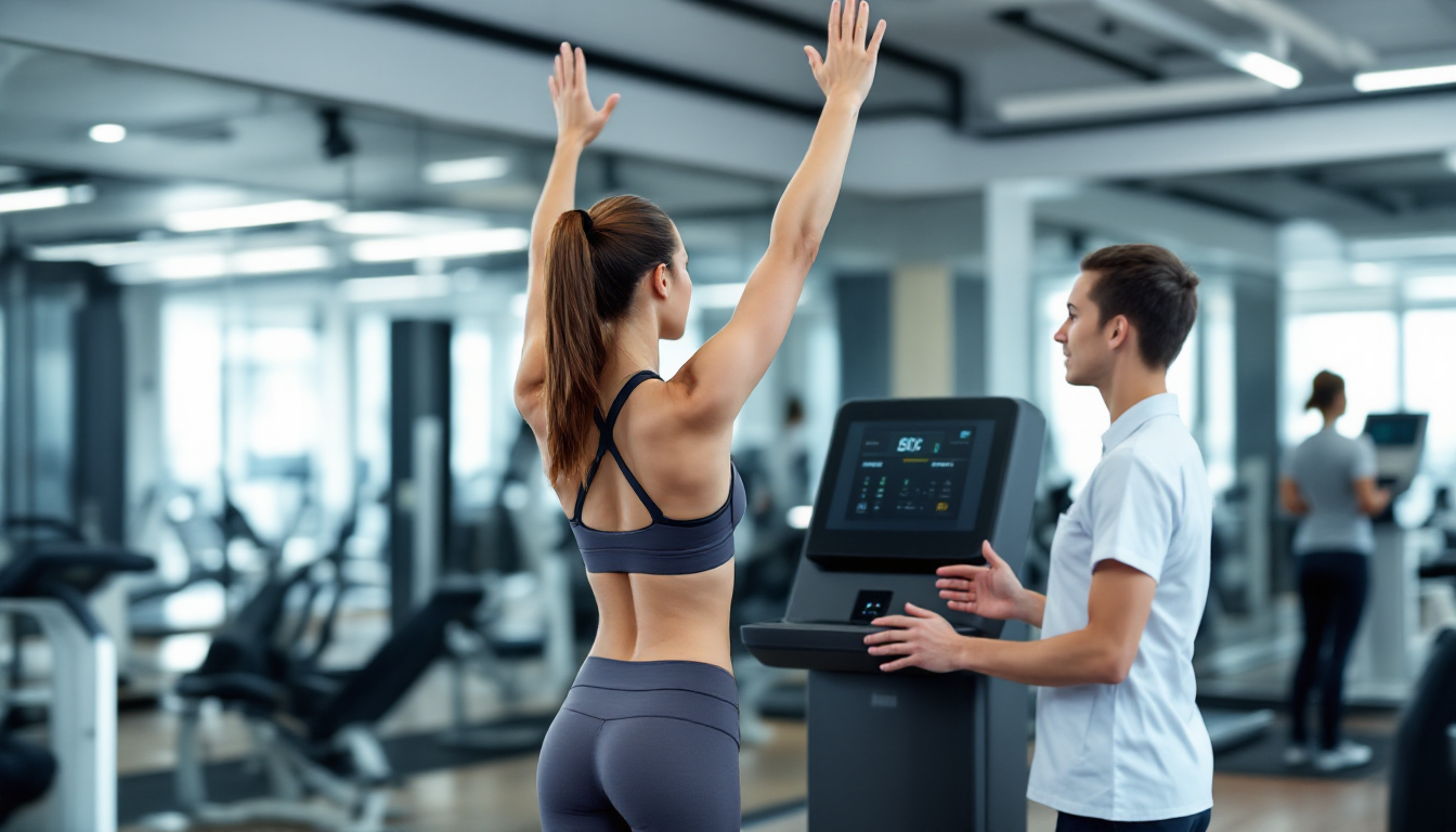 피트니스 센터에서 인바디 측정을 받는 여성과 전문 직원