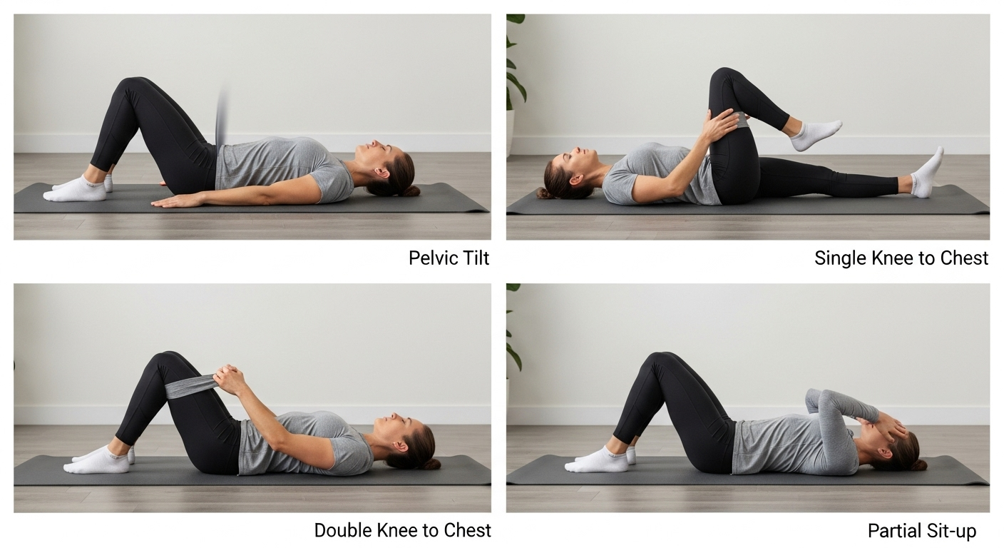 척추관 협착증 환자를 위한 윌리엄스 굴곡 운동 단계별 동작 이미지