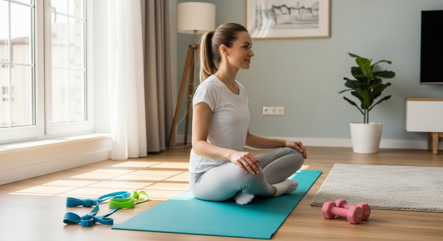 편안한 분위기의 집 운동 공간을 준비 중인 여성 초보자 모습