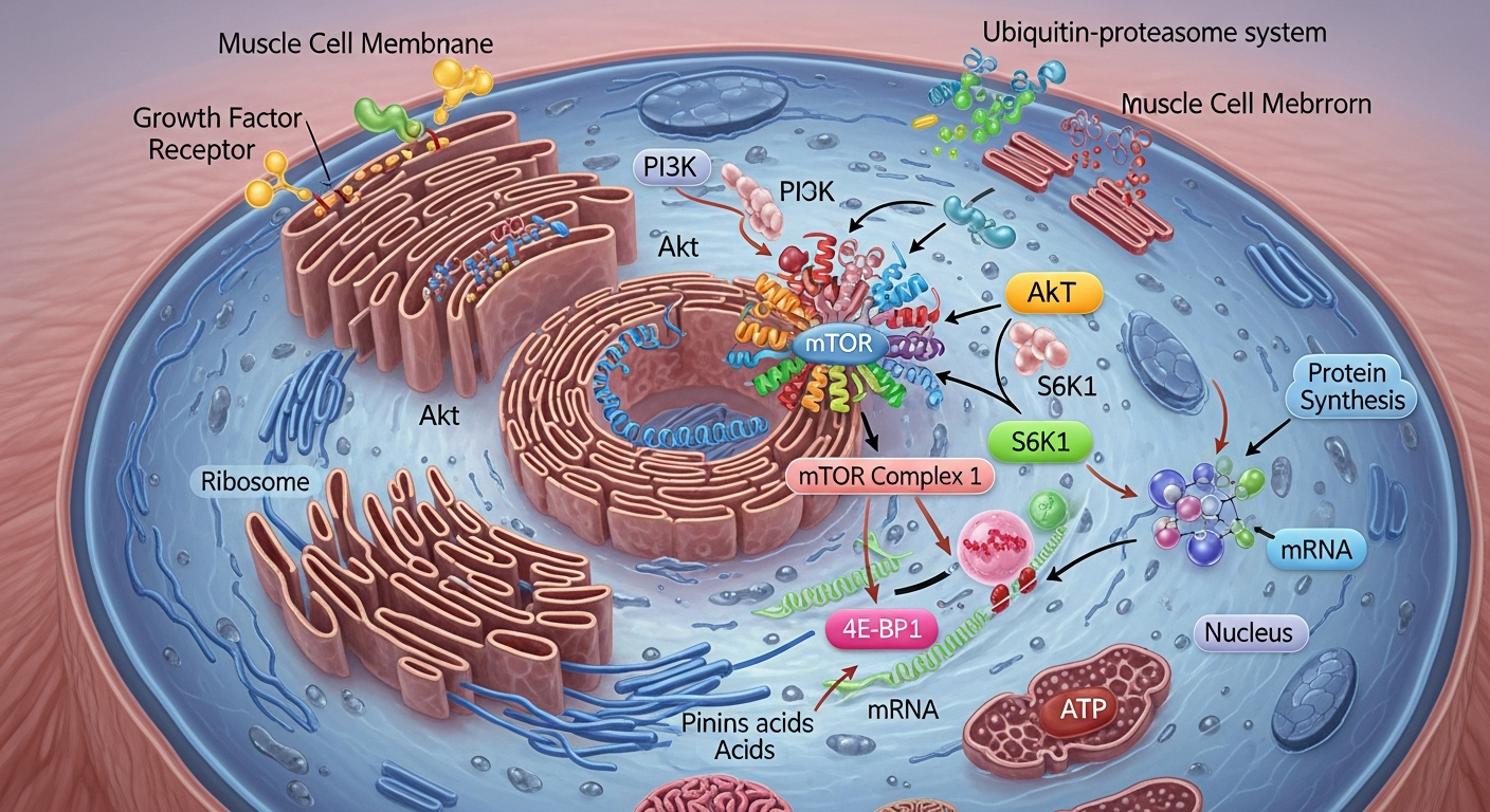 근육 세포 내 mTOR 경로가 활성화되어 근단백질 합성이 이루어지는 과정을 묘사한 이미지