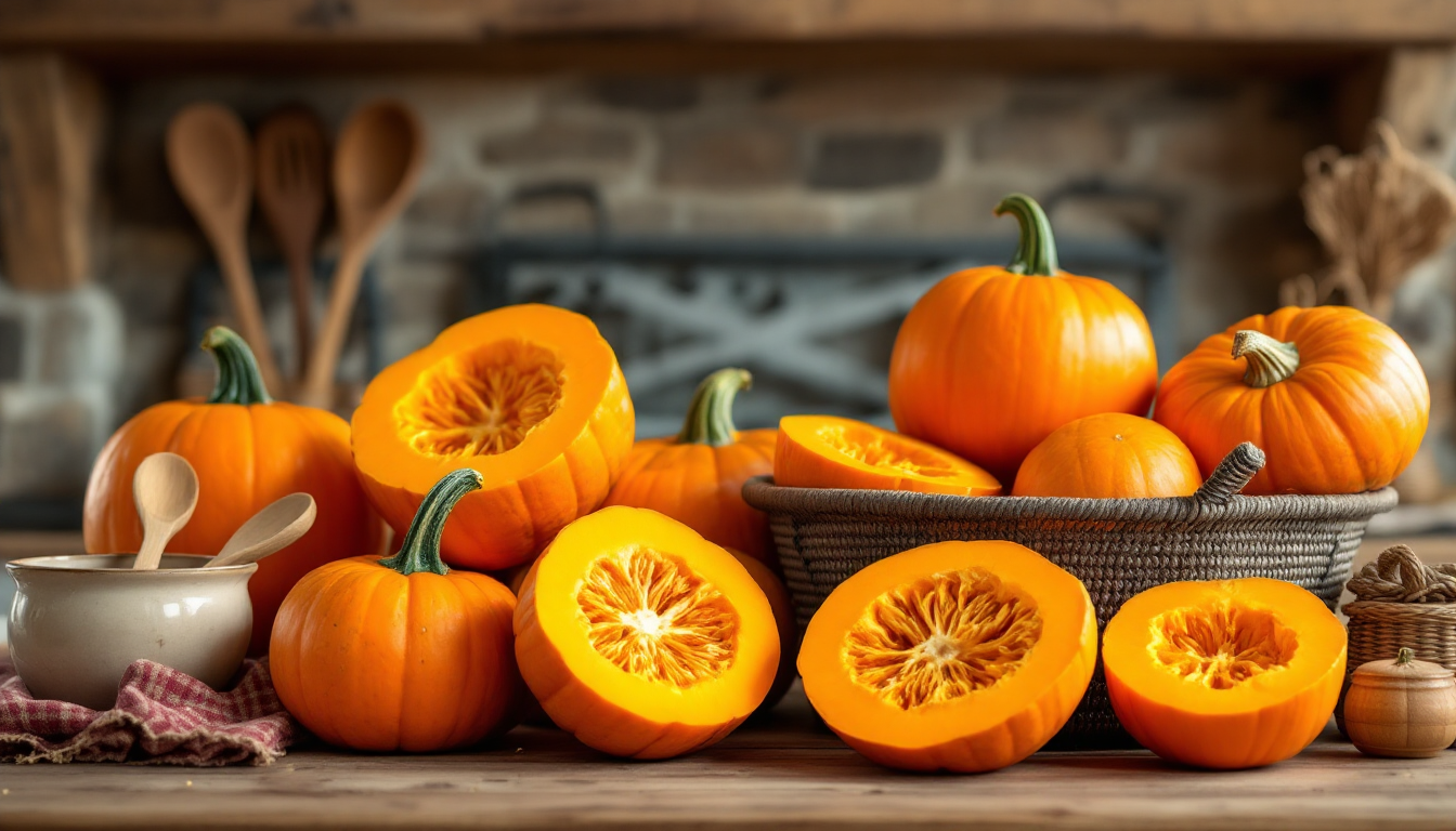 단호박 여러 개와 단면이 보이는 단호박의 실사 이미지